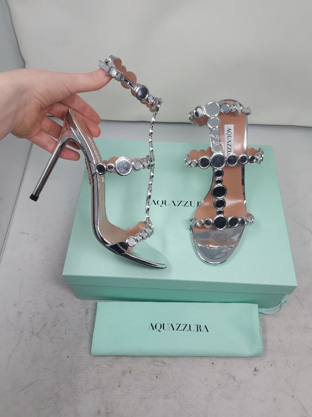 Aquazzura Heel Silver Afterglow Strappy Sandal